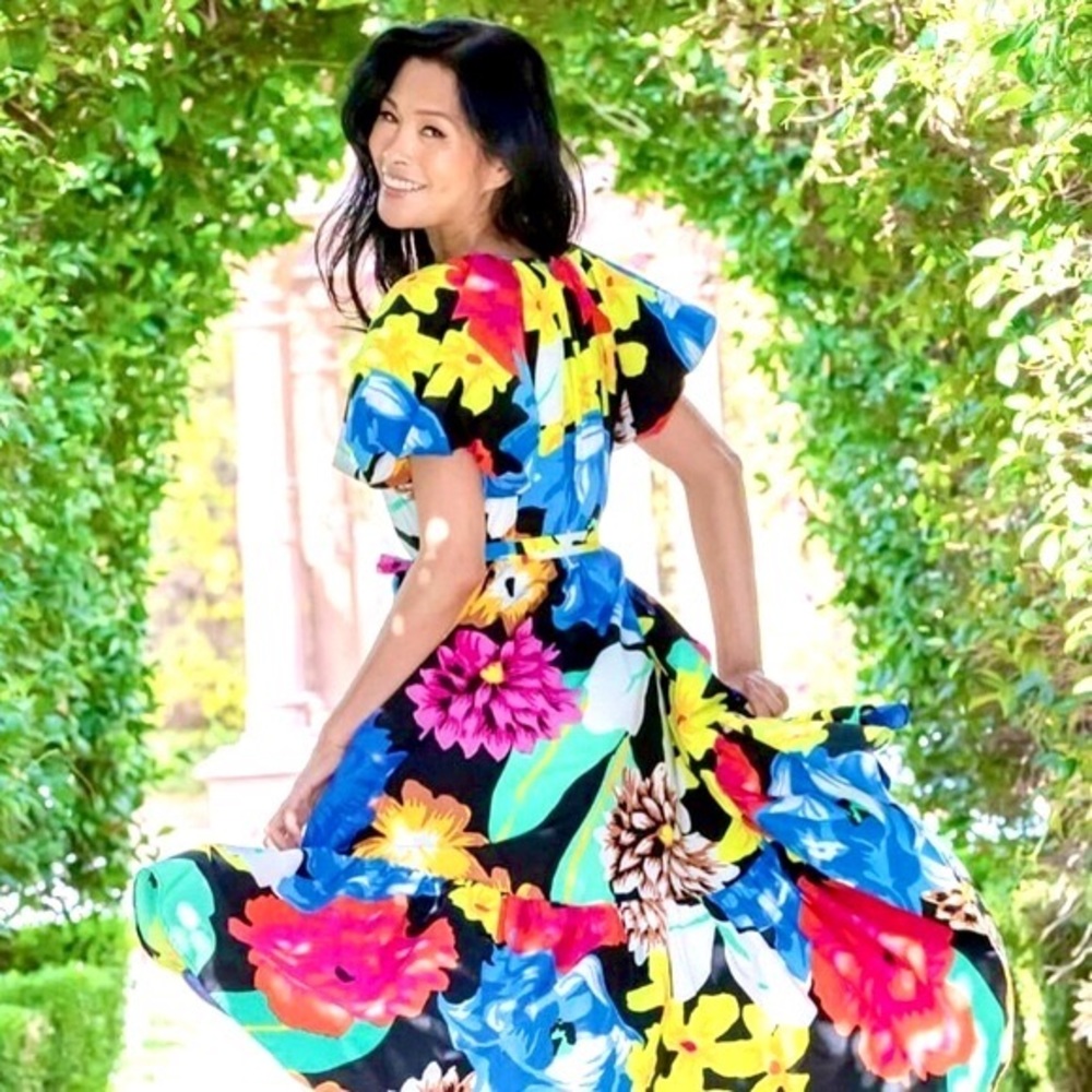 NWT Christopher John Rogers Floral Puff Sleeve High-Low Midi Dress | XXS